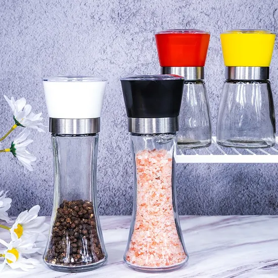 Bulk Adjustable Plastic Grinding Cap Glass Spice Bottle Himalaya Salt Mill and Pepper Grinder with Carton Packaging 