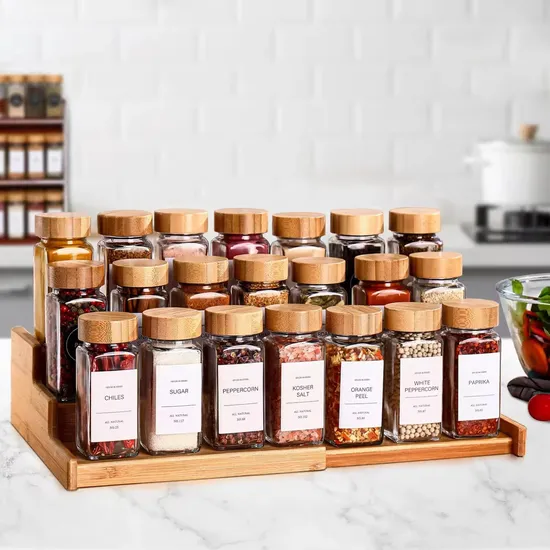 Hot Sale 120ml Glass Spice Jar 4oz Square Seasoning Jar Spice Bottle with Bamboo Wood Lid 