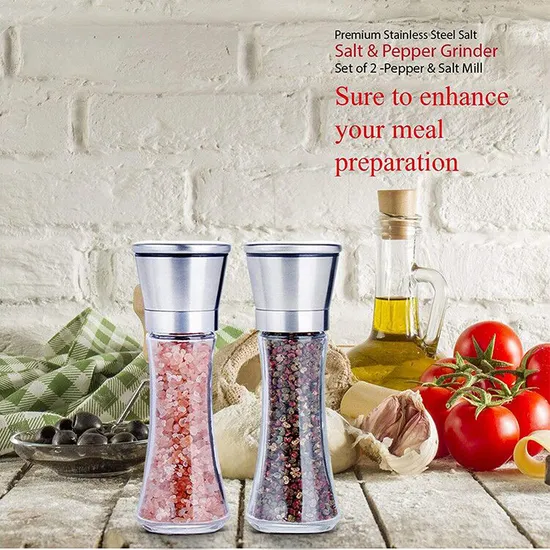 Amazon Best Selling Stainless Steel Spice Salt and Pepper Grinders with Glass Jars 