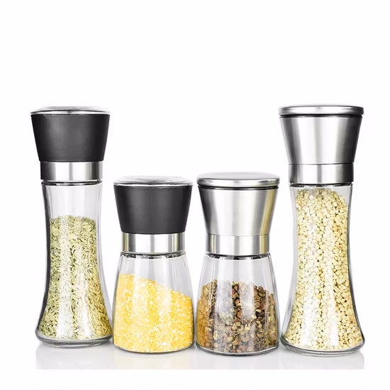 200ml Hot Selling Stainless Steel Glass Salt Spice Corn Pepper and Salt Grinder Set Mill 